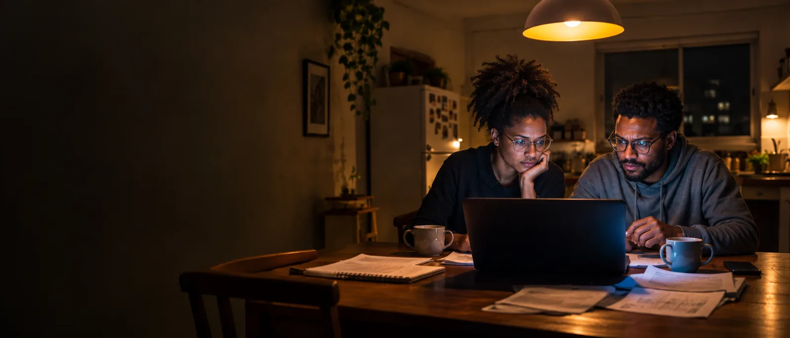 Dois sócios à mesa da cozinha, à noite, conferindo planilhas e papéis na tela do notebook