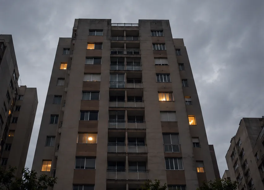 Fachada de edifício residencial ao anoitecer, com algumas janelas acesas