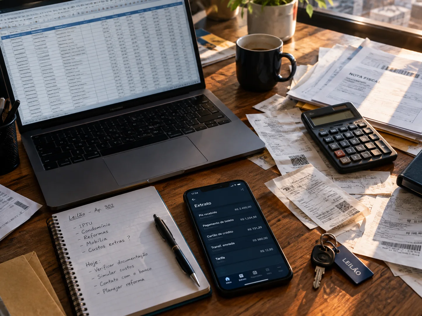 Mesa de trabalho com planilha aberta no notebook, notas fiscais espalhadas, calculadora e caderno com a lista de custos do imóvel de leilão