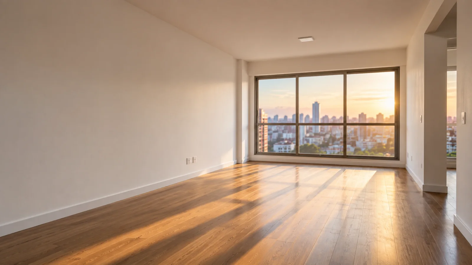 Sala vazia de um apartamento arrematado em leilão, com piso de madeira e vista da cidade ao pôr do sol pela janela